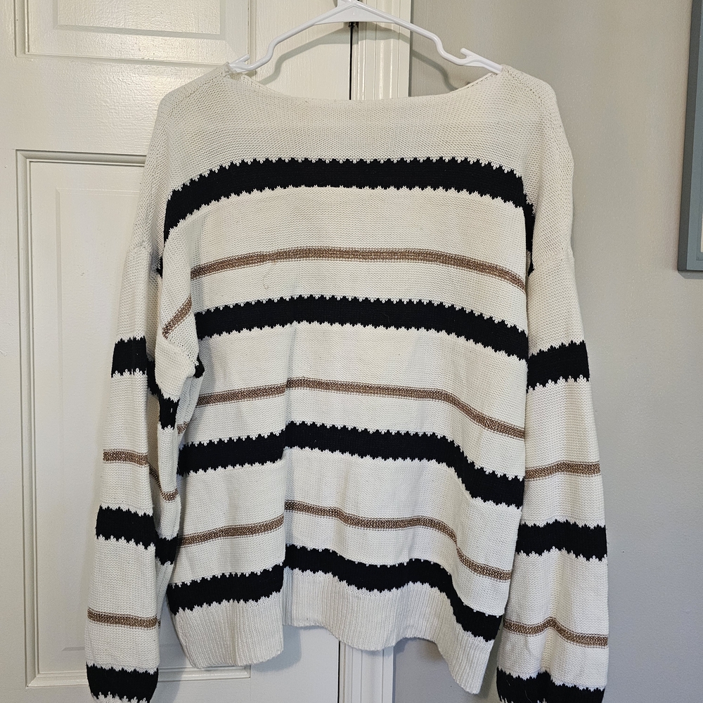Striped Women's Sweater - Black, White, and Brown - Picture 2 of 3